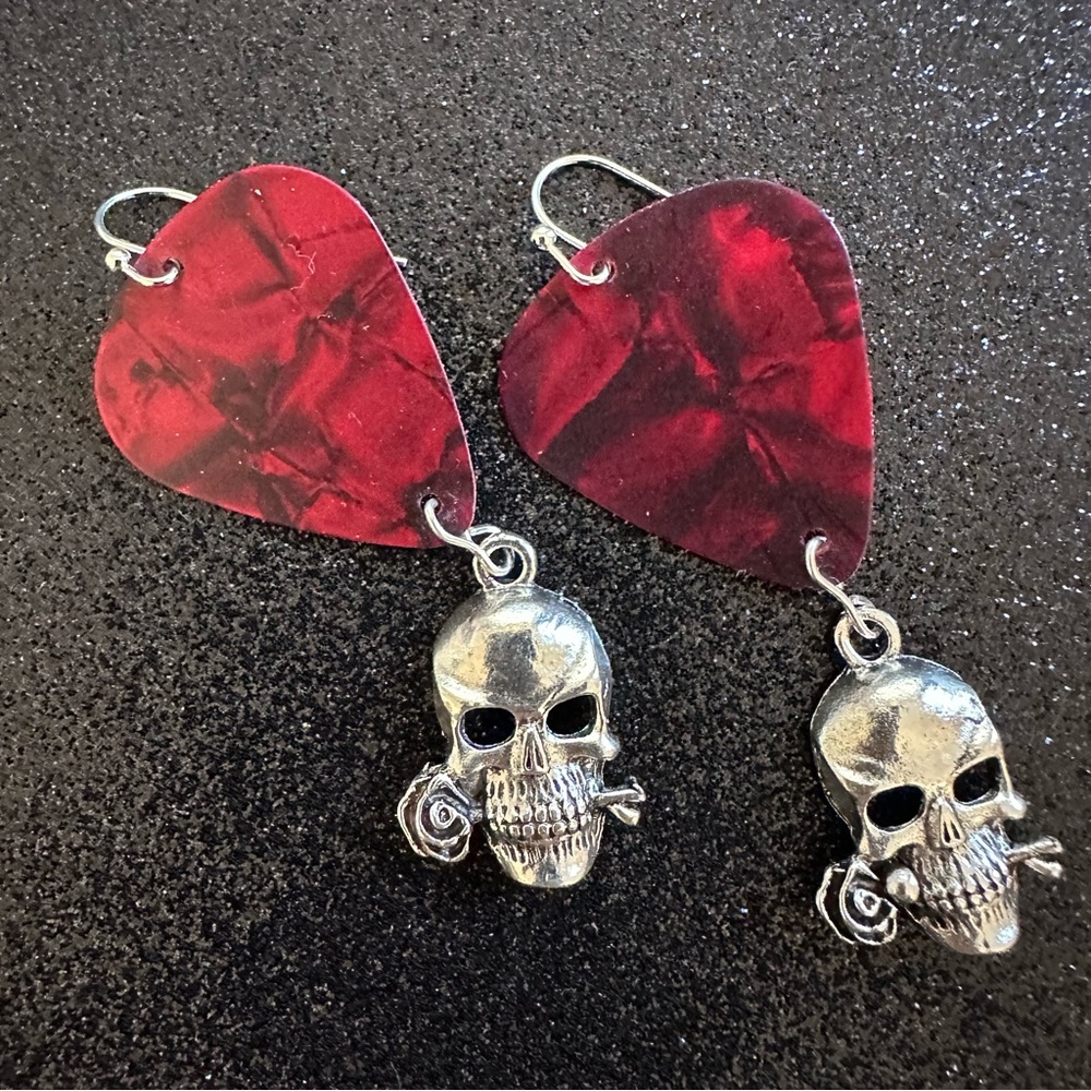 Guitar Pick Earrings - Red Marbleized Pick with Skull/Rose